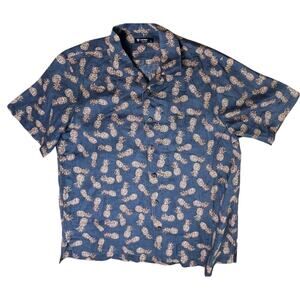 Cremieux‎ Island Pineapple Tropical Linen Blue Button Up Hawaiian Shirt LARGE